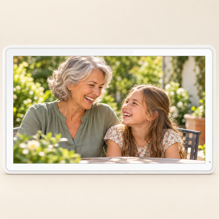 White Guardian 15.6-inch frame displaying a grandmother and granddaughter sharing a happy moment