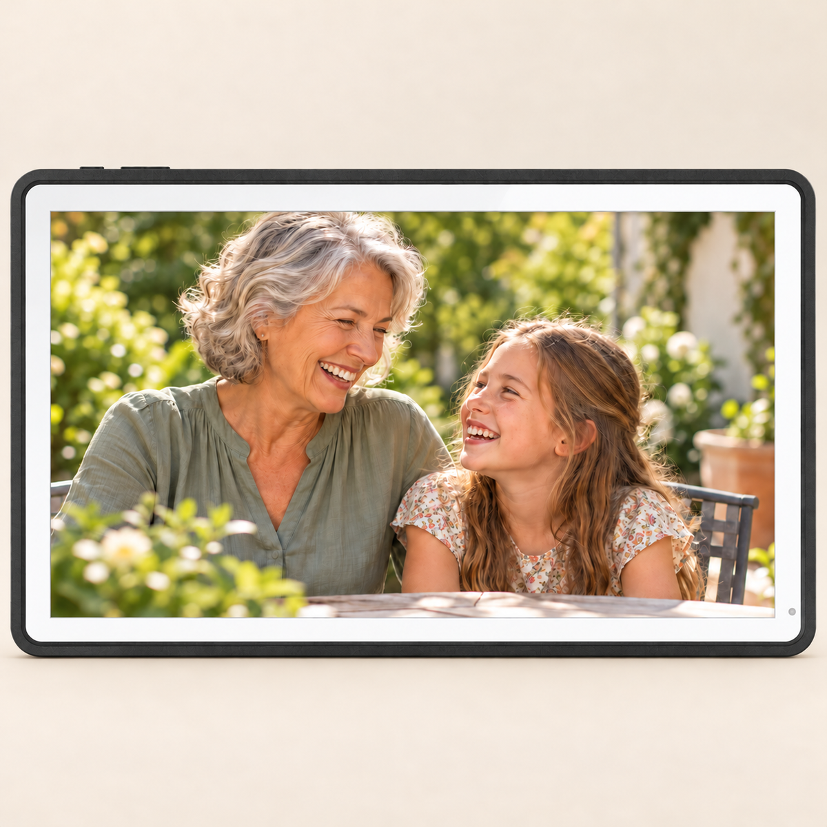 Black Guardian 15.6-inch frame with a white inner bezel displaying a grandmother and granddaughter