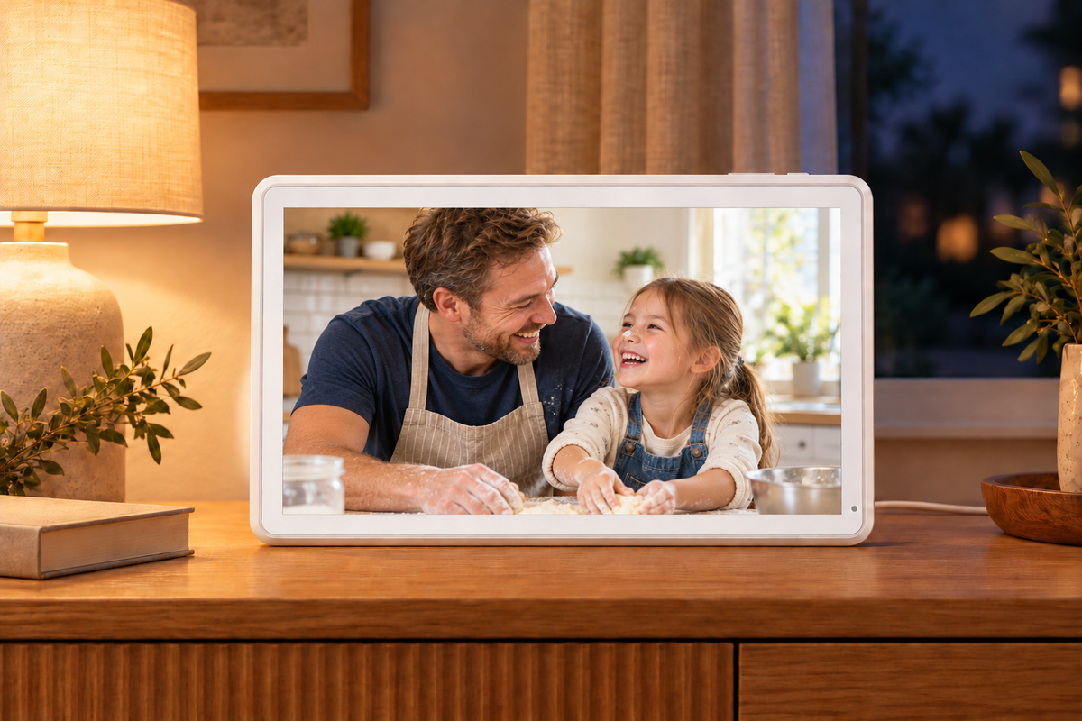 White Guardian frame in a warmly lit evening room displaying a father and daughter baking together