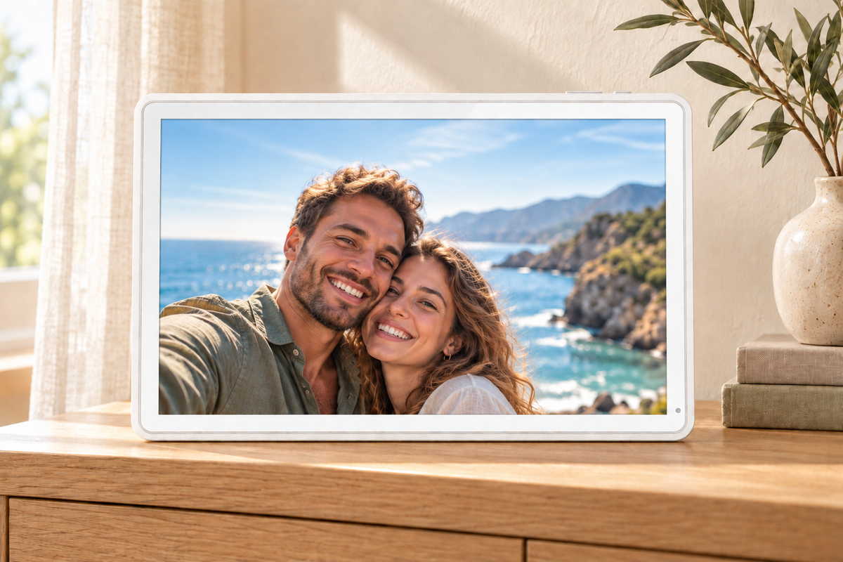 White Guardian frame on an oak console displaying a couple's coastal holiday photograph