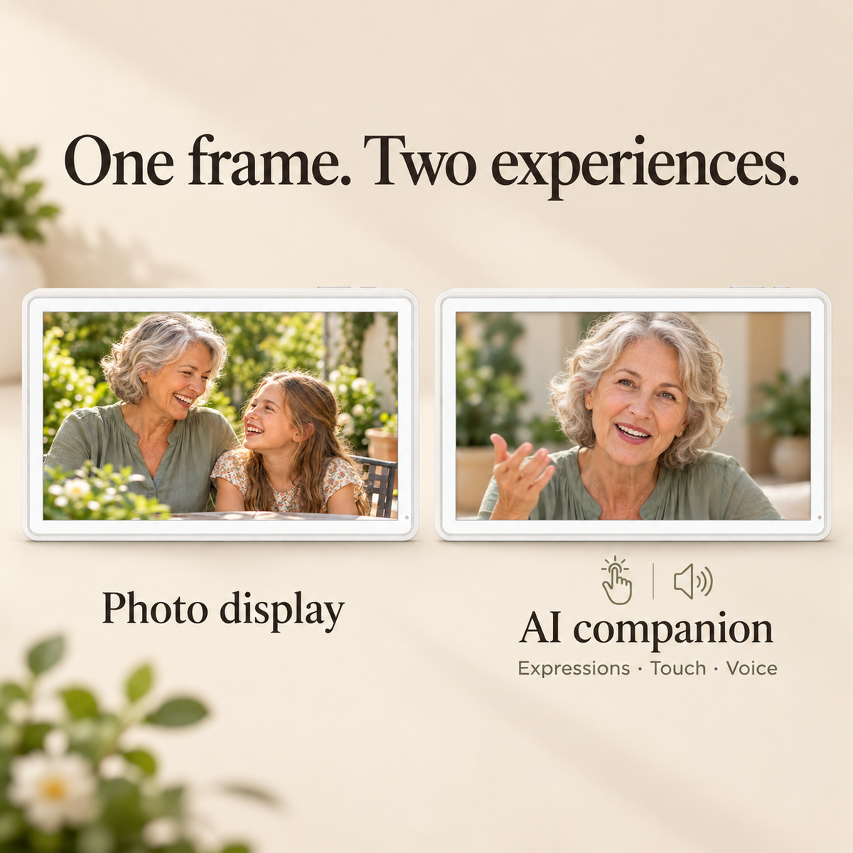 Guardian photo display and AI companion experiences with expressions, touch and voice