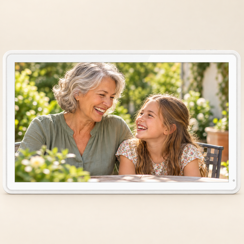 White Guardian 15.6-inch frame displaying a grandmother and granddaughter sharing a happy moment
