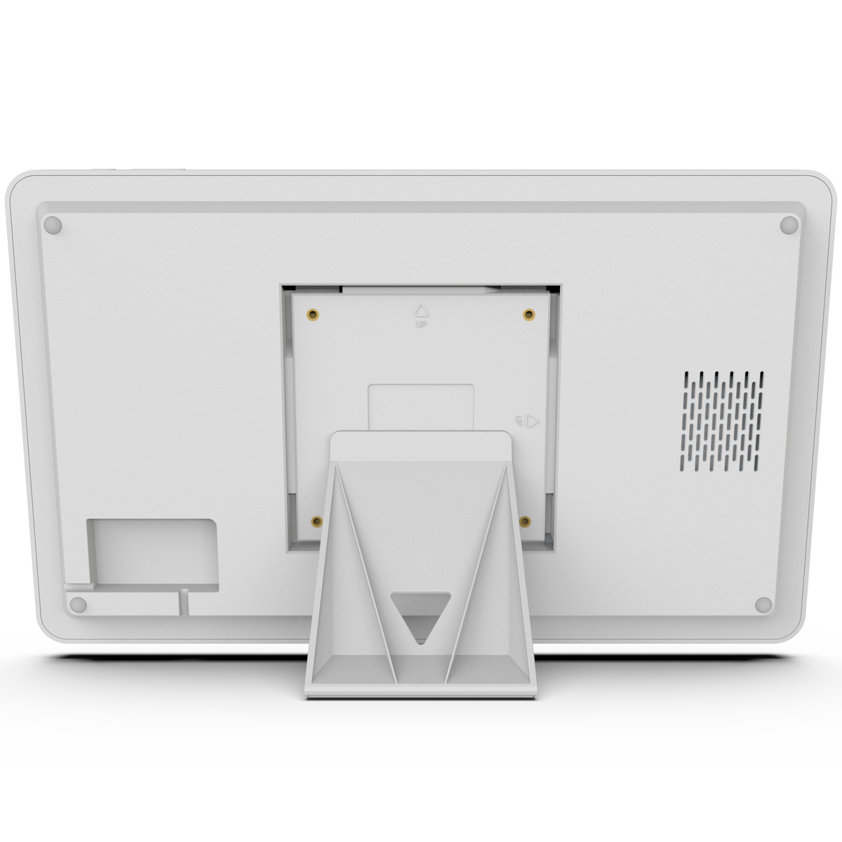 Original rear view of the white Guardian frame showing the support stand and rear structure