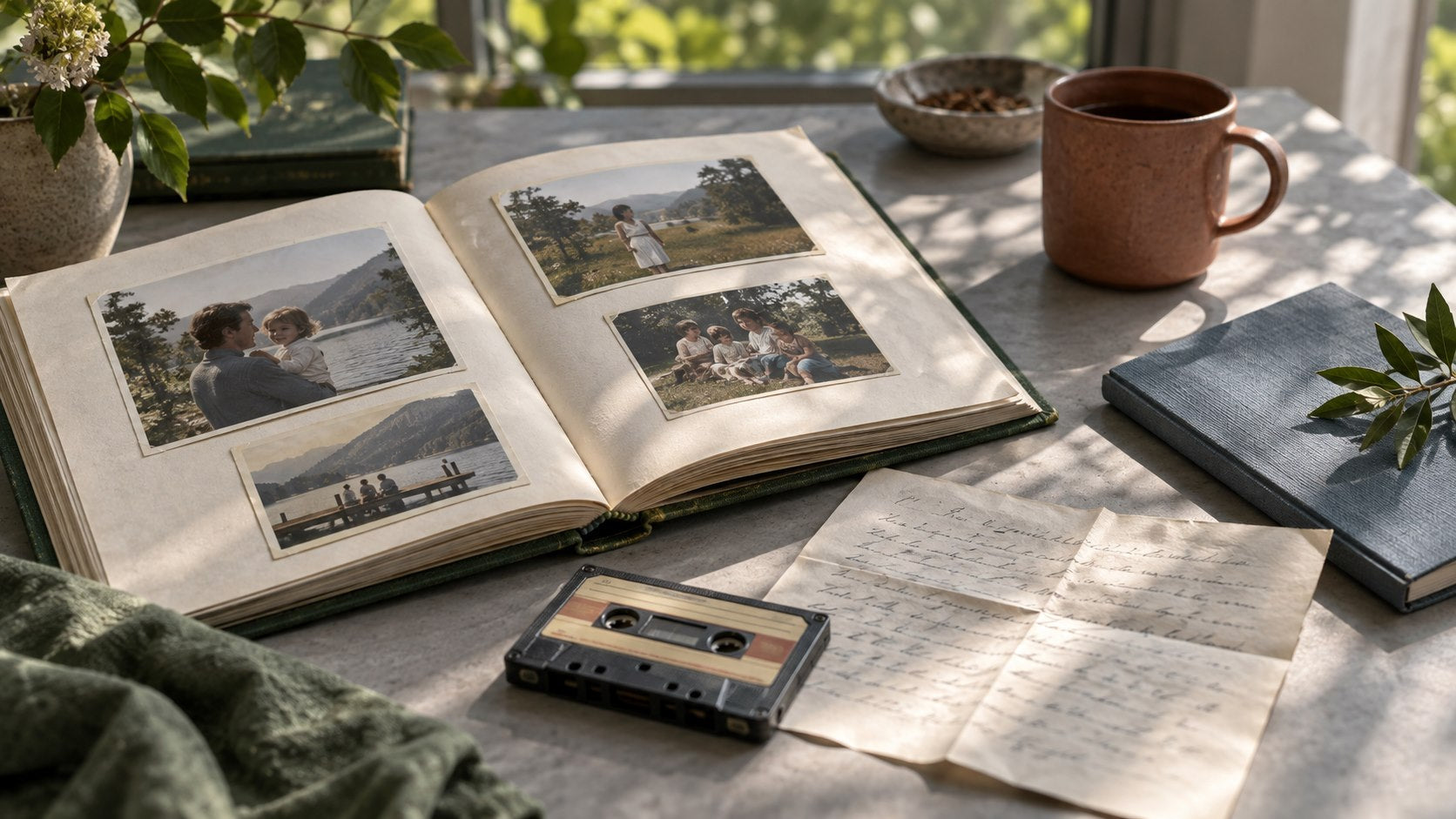 Family photographs, a recorded voice and handwritten memories gathered on a table