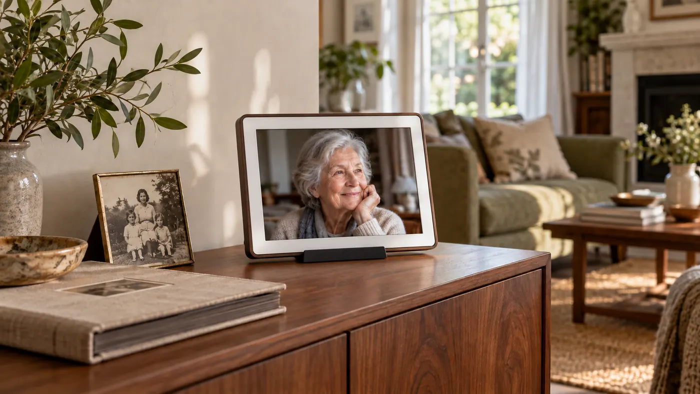 A digital frame on a wooden cabinet showing a smiling grandmother, beside an old family photograph and a photo album