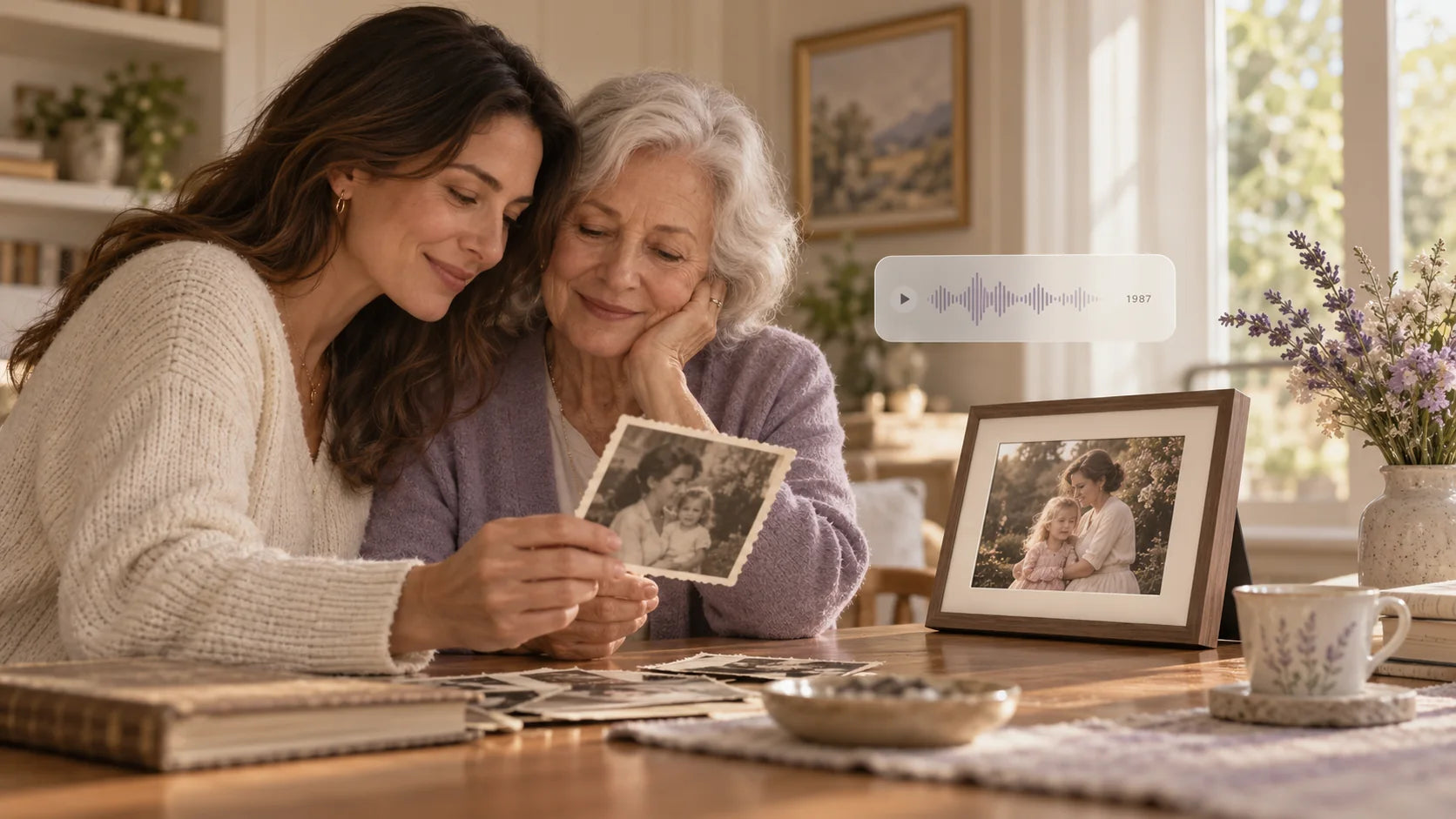 A daughter and her mother looking through family photographs together