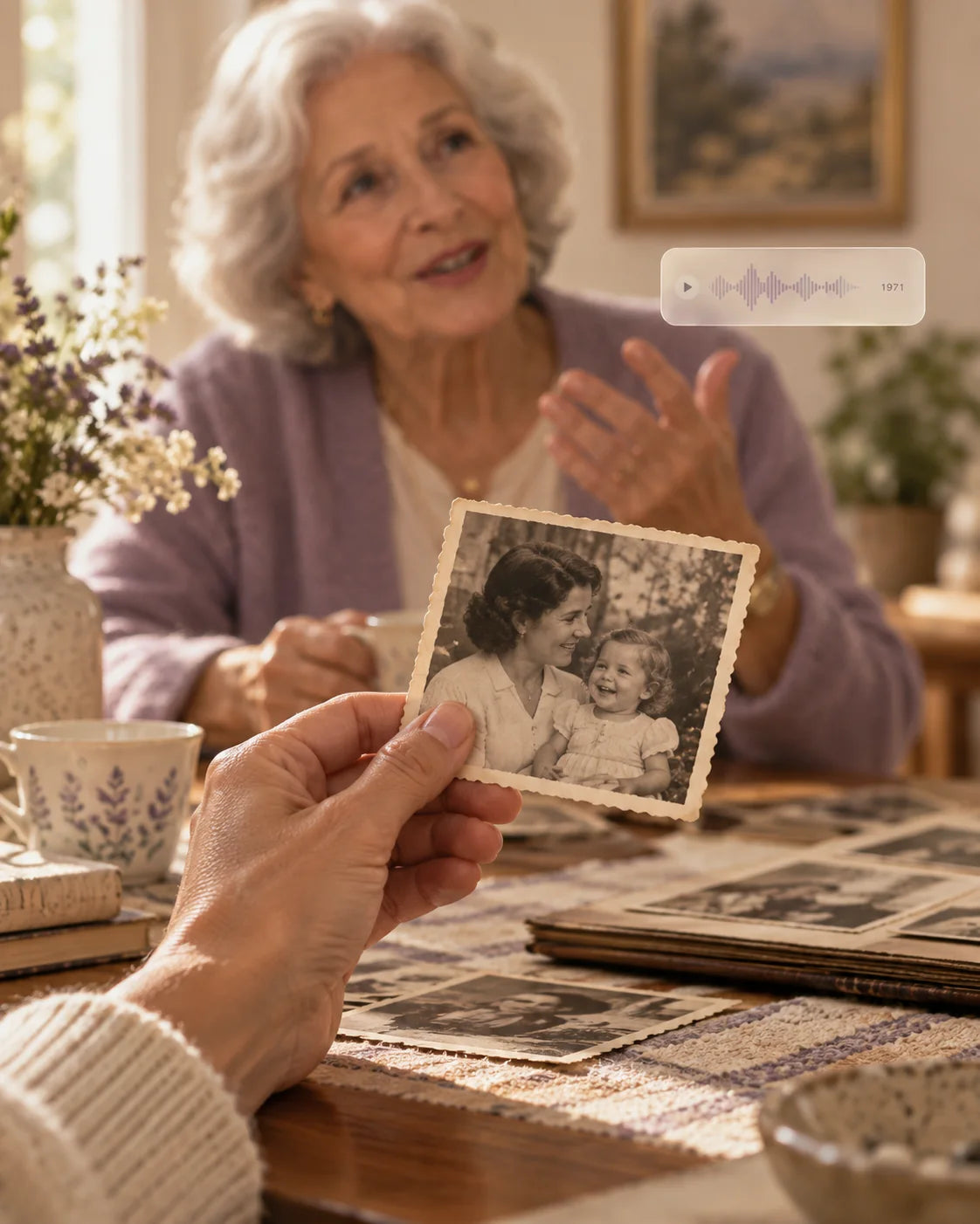 Una mano che tiene una vecchia fotografia di famiglia mentre una donna anziana ne racconta la storia